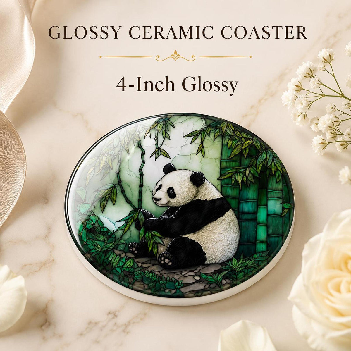 Panda Coaster, Round Ceramic Drink Mat with Bamboo Artwork