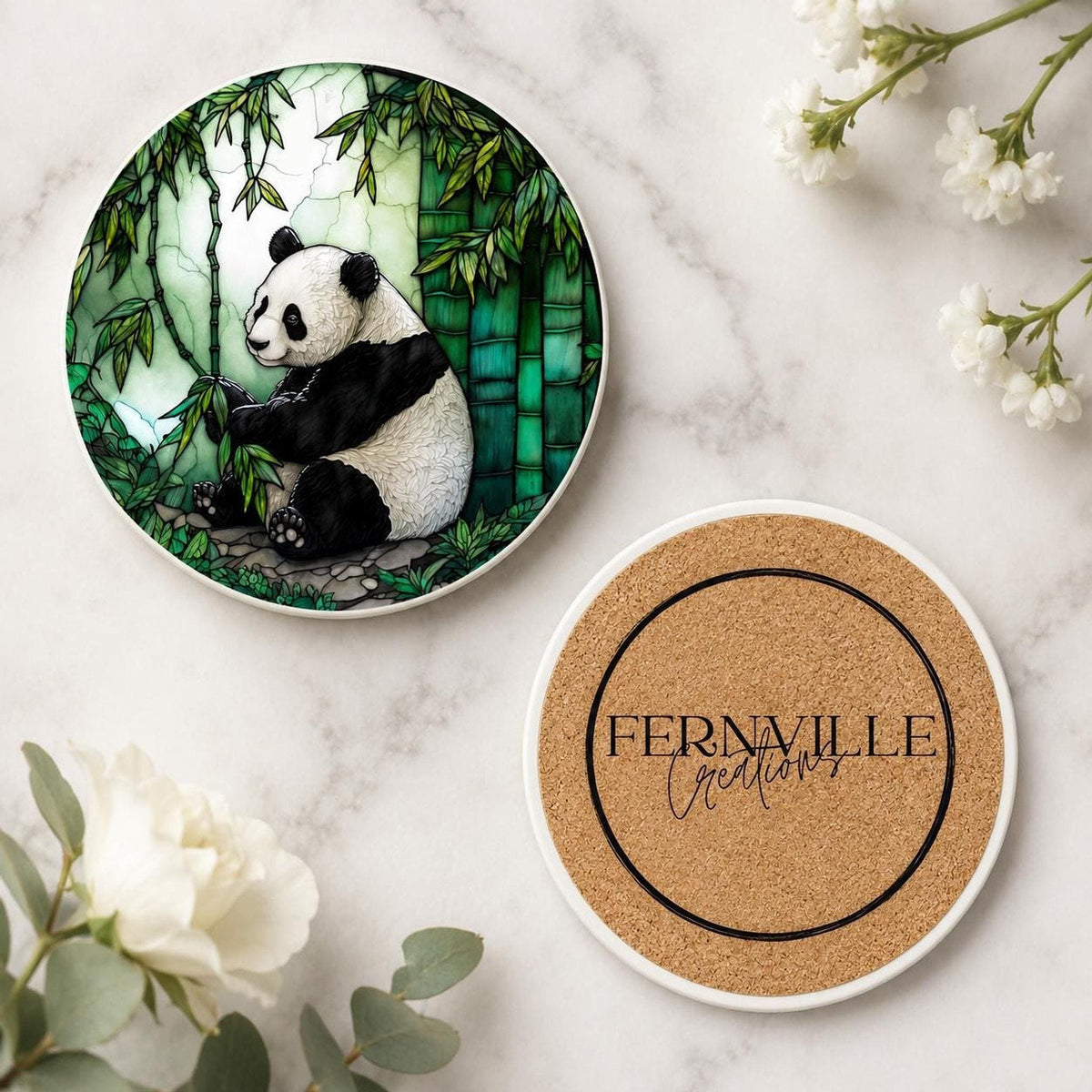 Panda Coaster, Round Ceramic Drink Mat with Bamboo Artwork