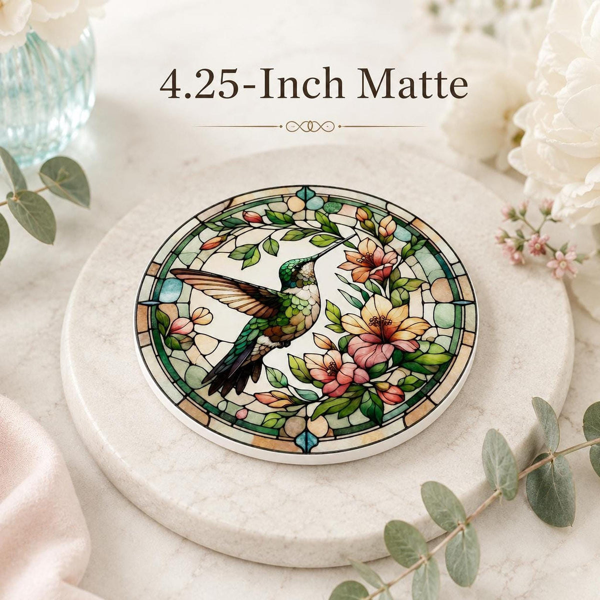 Garden Table Decor Hummingbird Ceramic Coaster, Floral Bird Artwork