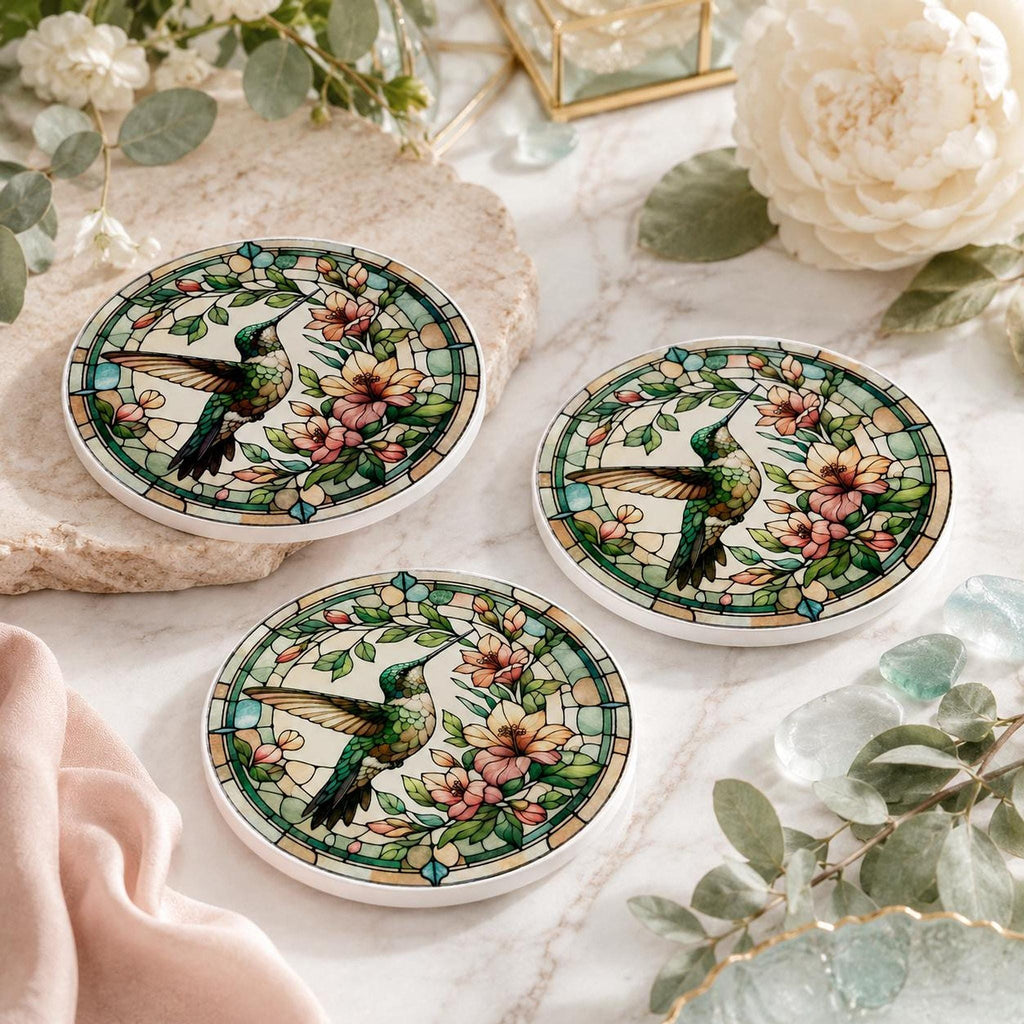 Garden Table Decor Hummingbird Ceramic Coaster, Floral Bird Artwork