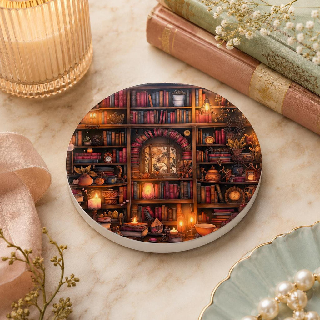 Reading Nook Accent Ceramic Coaster, Round Library Design