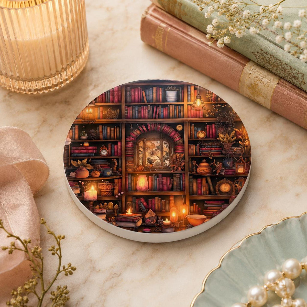 Reading Nook Accent Ceramic Coaster, Round Library Design