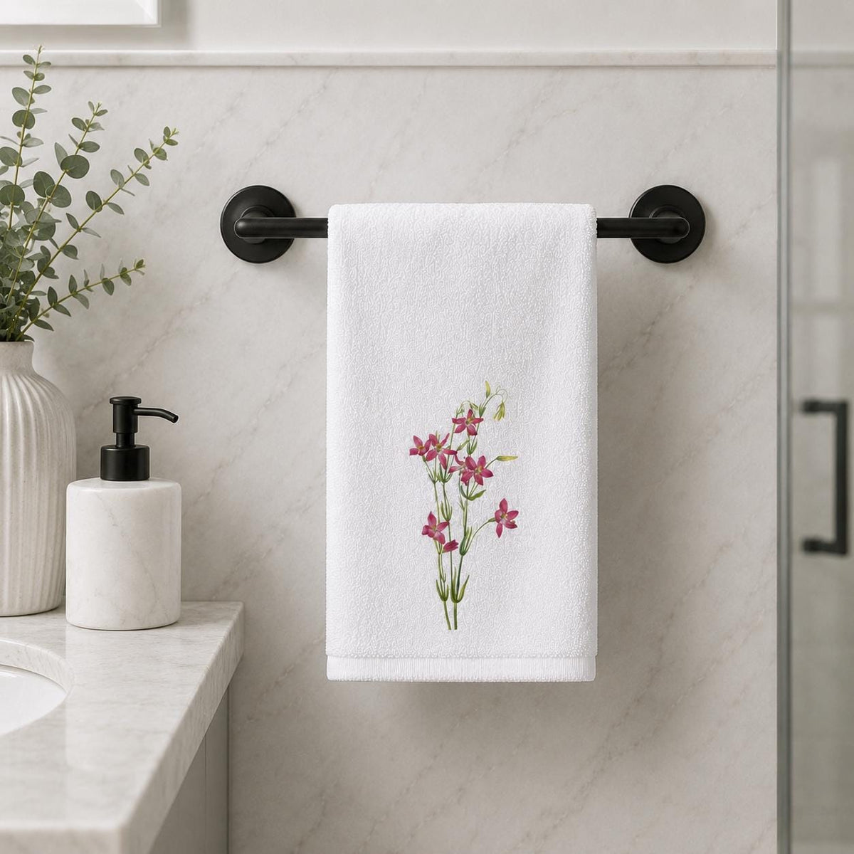 Pink Wildflower Fingertip Towel, Floral Guest Bath Towel, Powder Room Decor