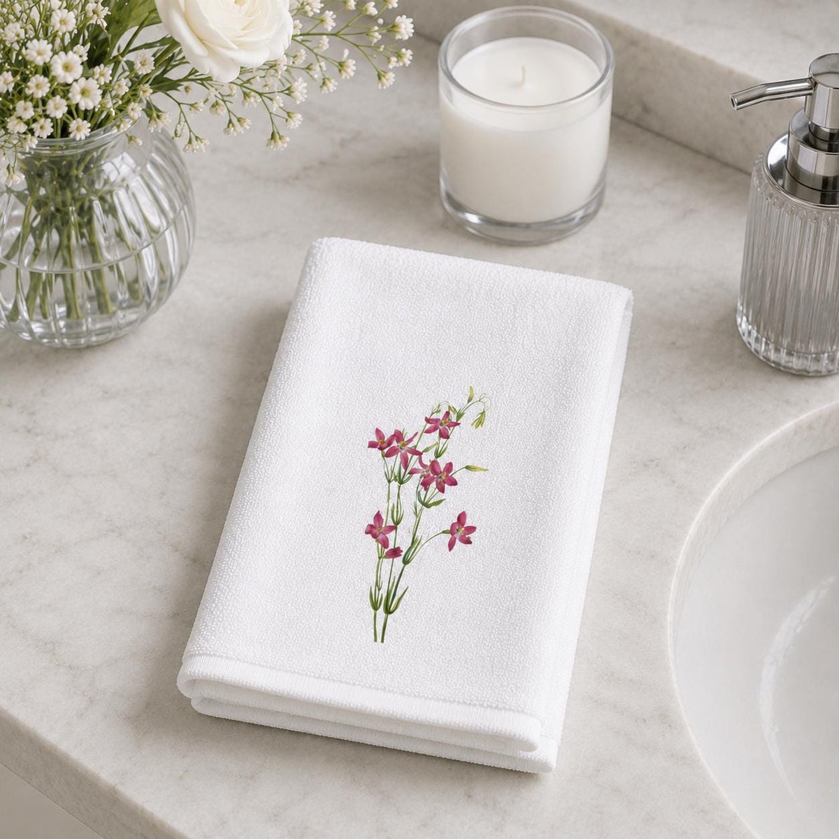 Pink Wildflower Fingertip Towel, Floral Guest Bath Towel, Powder Room Decor