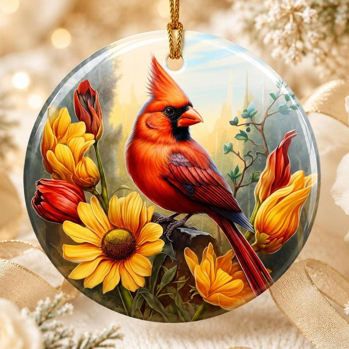 Cardinal Ornament, Red Bird Ceramic Keepsake with Floral Design