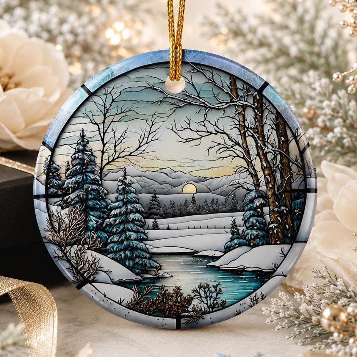 Winter Ornament, Ceramic Keepsake with Scenic Snow Landscape