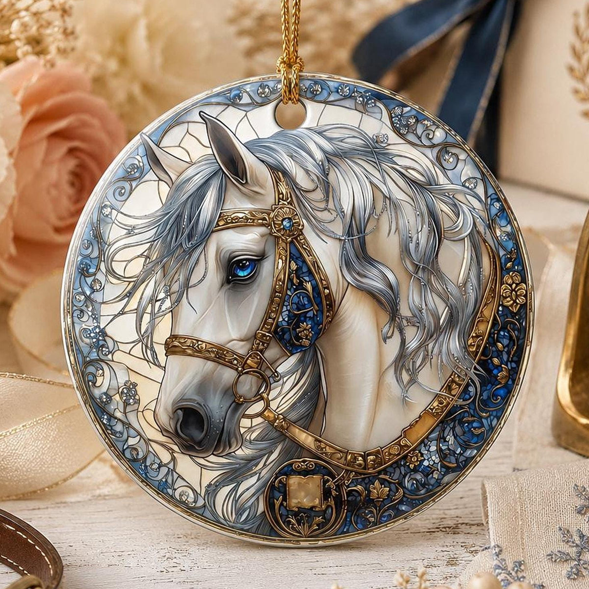Elegant White Horse Ornament, Ceramic Keepsake with Floral Design