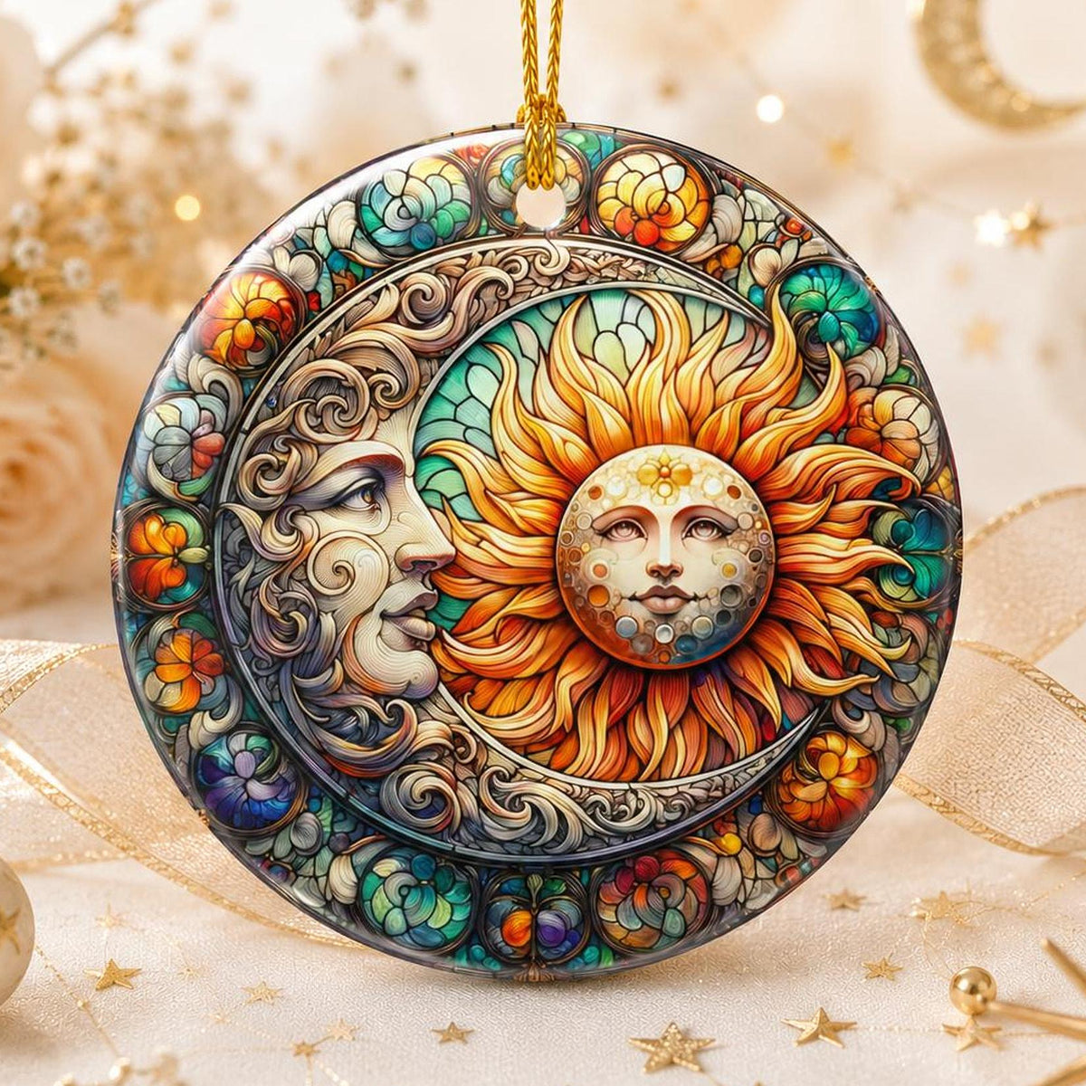 Sun Moon Ornament, Celestial Ceramic Keepsake with Colorful Floral Design