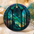 Aurora Ornament, Northern Lights Ceramic Keepsake with Mountain Design
