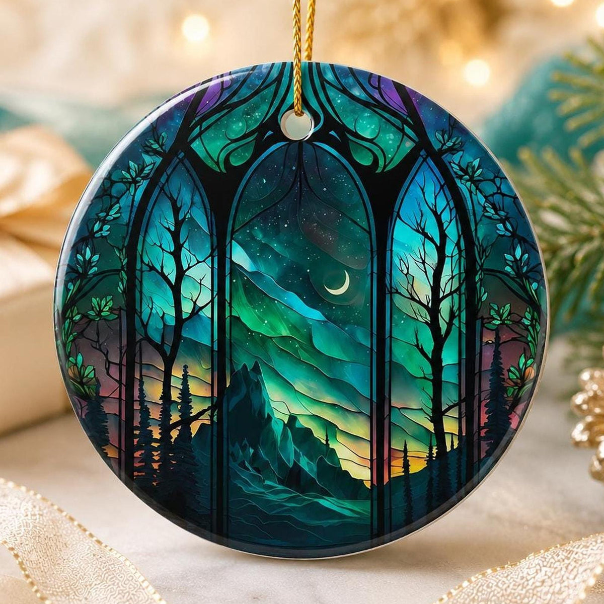 Aurora Ornament, Northern Lights Ceramic Keepsake with Mountain Design
