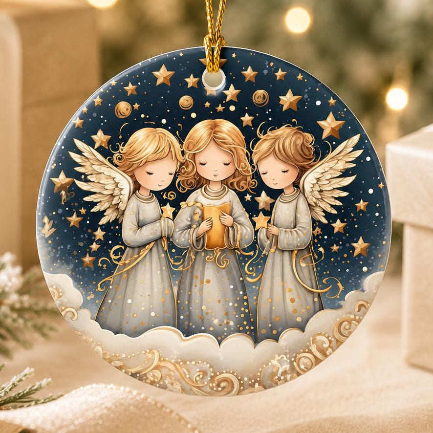 Three Angels Ceramic Ornament, Celestial Christmas Keepsake, Personalized Holiday Décor