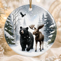 Bear Moose Ornament, Winter Wildlife Art in Snowy Evergreen Forest