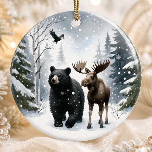 Bear Moose Ornament, Winter Wildlife Art in Snowy Evergreen Forest