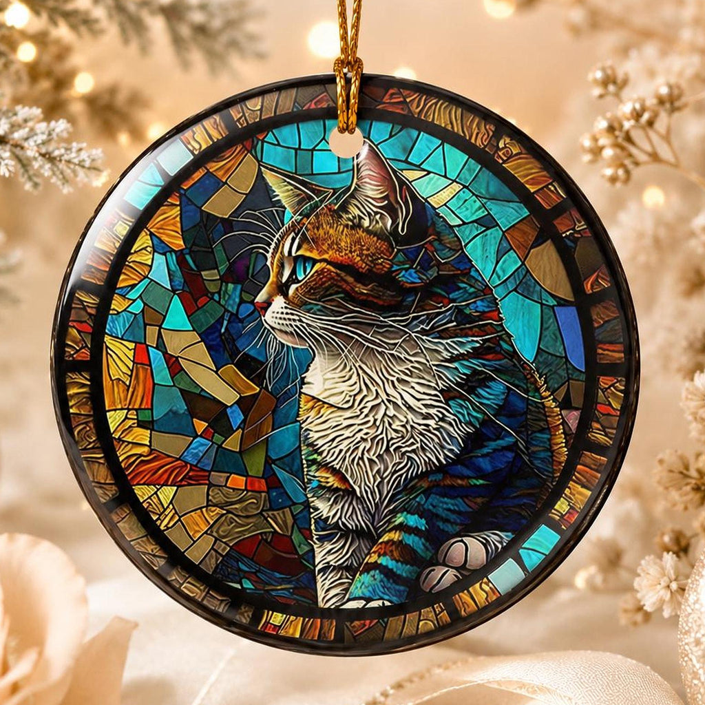 Colorful Tabby Cat Ornament, Ceramic Keepsake for Cat Lovers