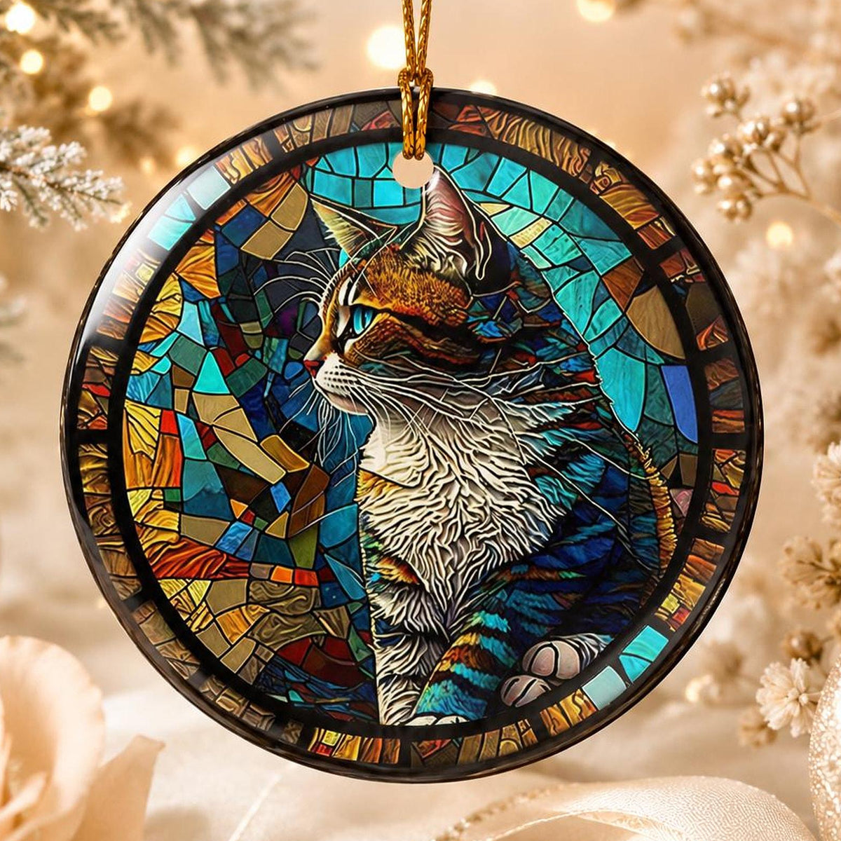 Colorful Tabby Cat Ornament, Ceramic Keepsake for Cat Lovers