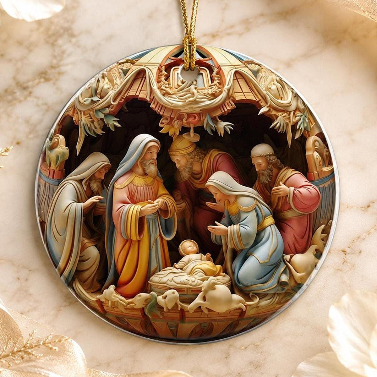 Nativity Ornament, Round Ceramic Keepsake with Holy Family Manger Scene