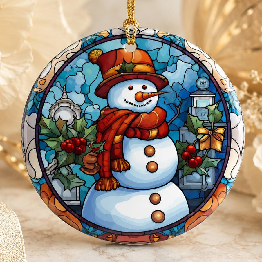 Round Ceramic Snowman Ornament, Winter Holiday Tree Decor, Festive Holly Artwork