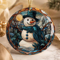 Snowman Ornament, Ceramic Holiday Keepsake with Leaded Glass Design