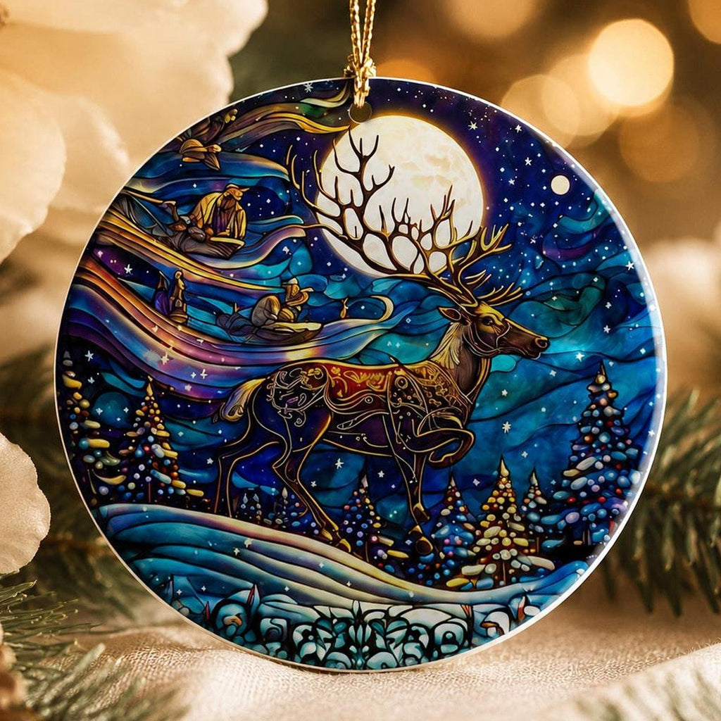 Ceramic Reindeer Ornament, Winter Wildlife Scene with Moonlit Stag