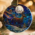 Ceramic Reindeer Ornament, Winter Wildlife Scene with Moonlit Stag