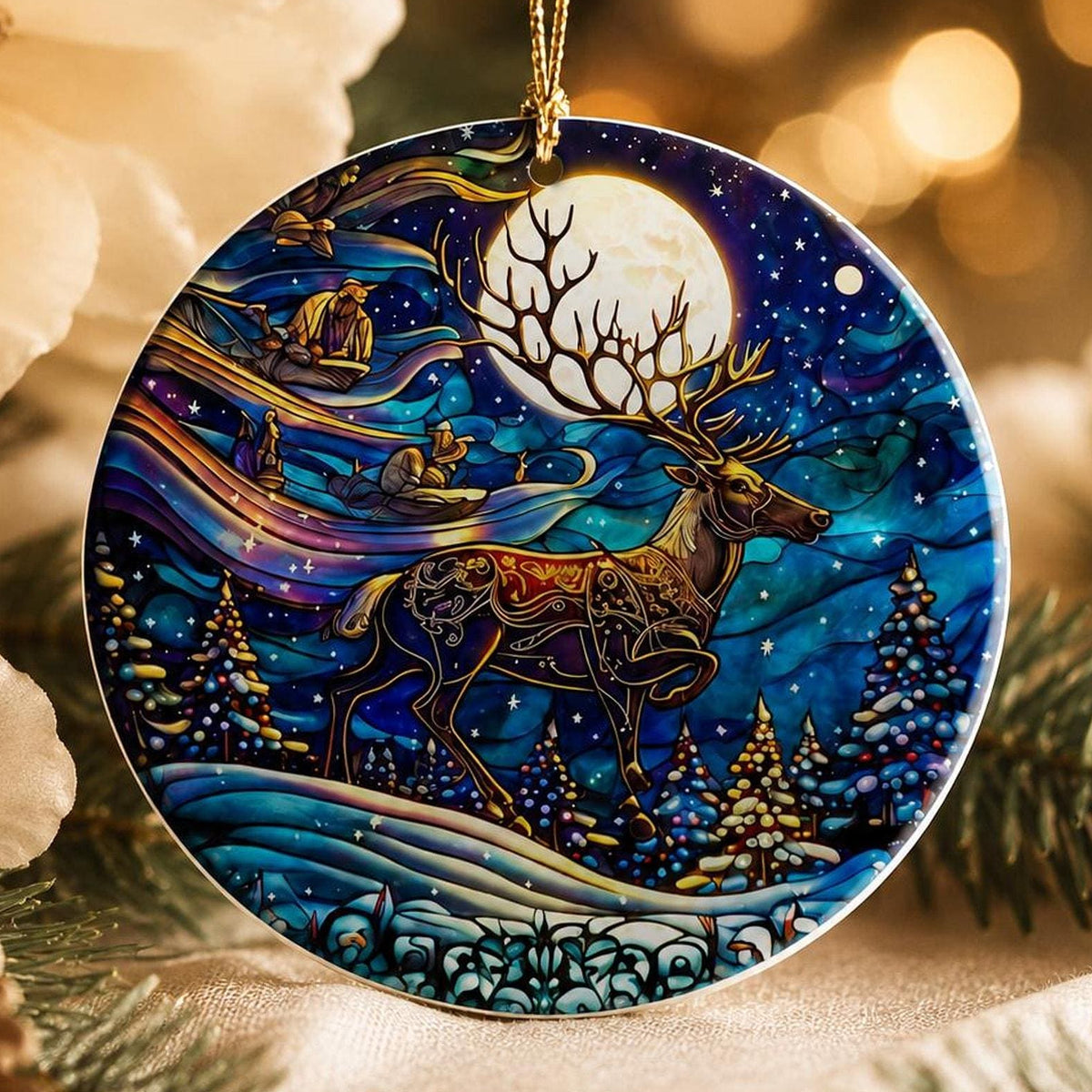 Ceramic Reindeer Ornament, Winter Wildlife Scene with Moonlit Stag