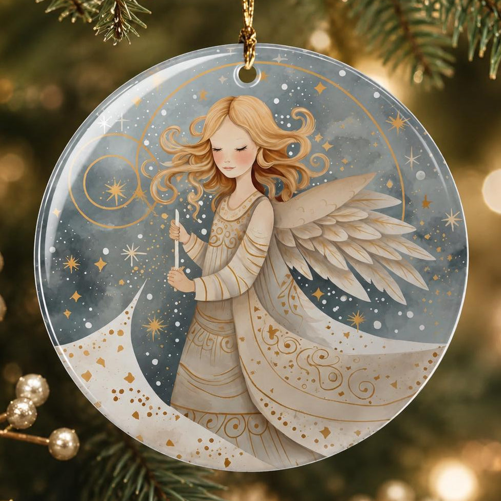 Celestial Angel Ornament, Ceramic Christmas Keepsake, Gold Star Heavenly Holiday Decor