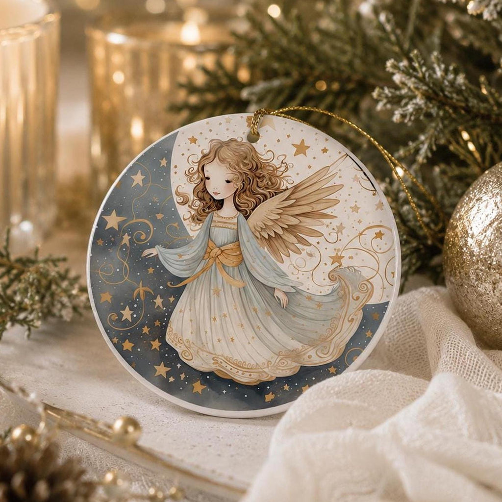 Angel Holiday Decor Ceramic Ornament, Celestial Design with Gold Star