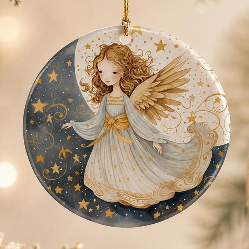 Angel Holiday Decor Ceramic Ornament, Celestial Design with Gold Star