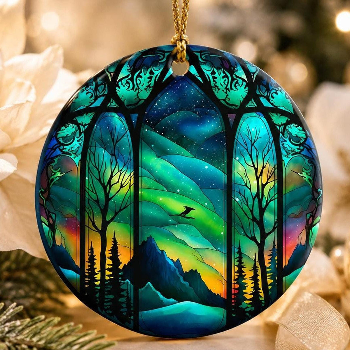 Northern Lights Ceramic Ornament, Winter Scene Tree Decor