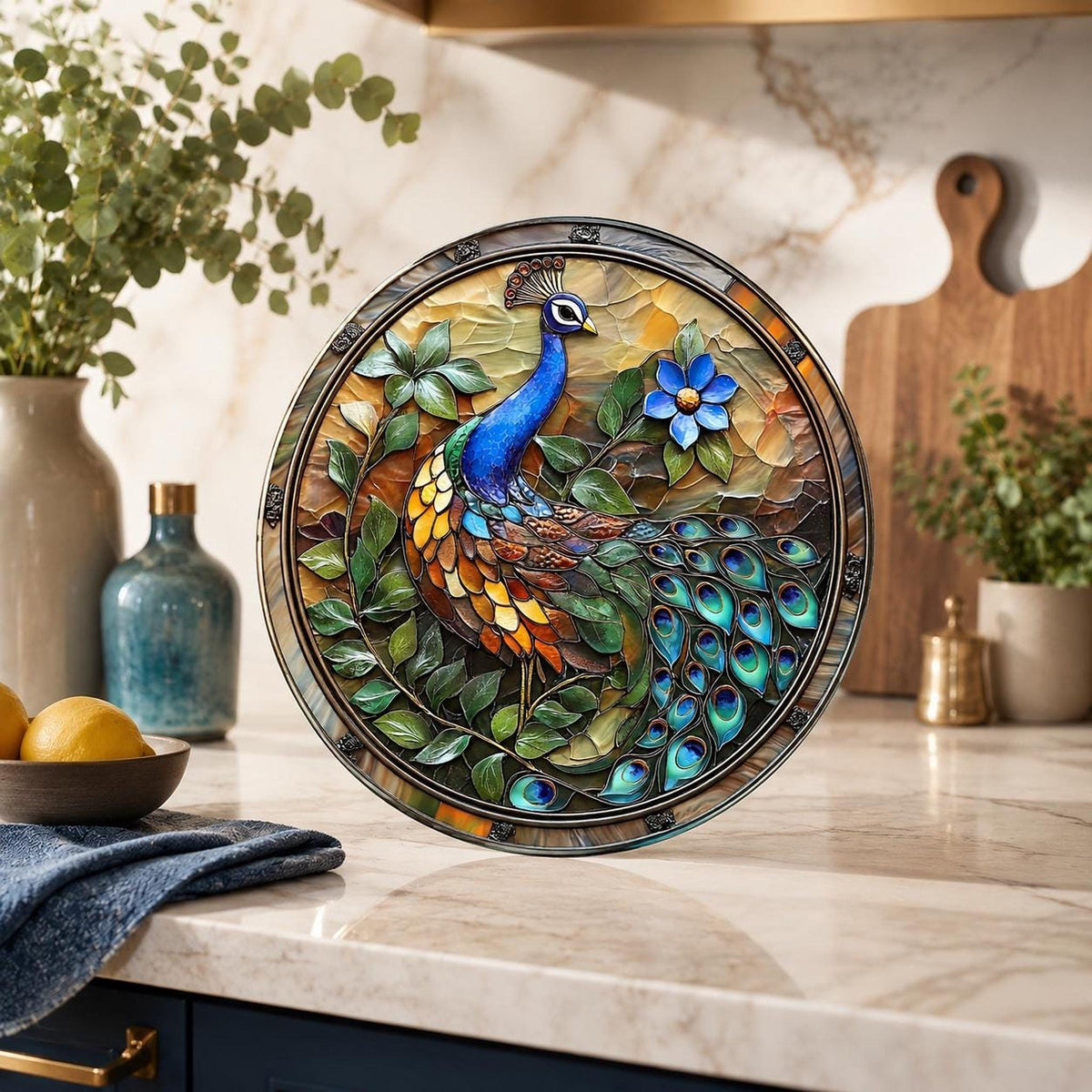 Glass Cutting Board, Peacock Design, 8-Inch Or 12-Inch Round Surface