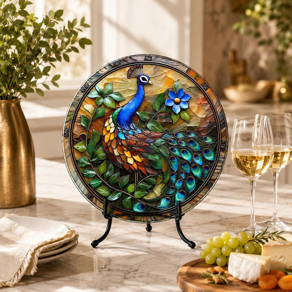 Glass Cutting Board, Peacock Design, 8-Inch Or 12-Inch Round Surface