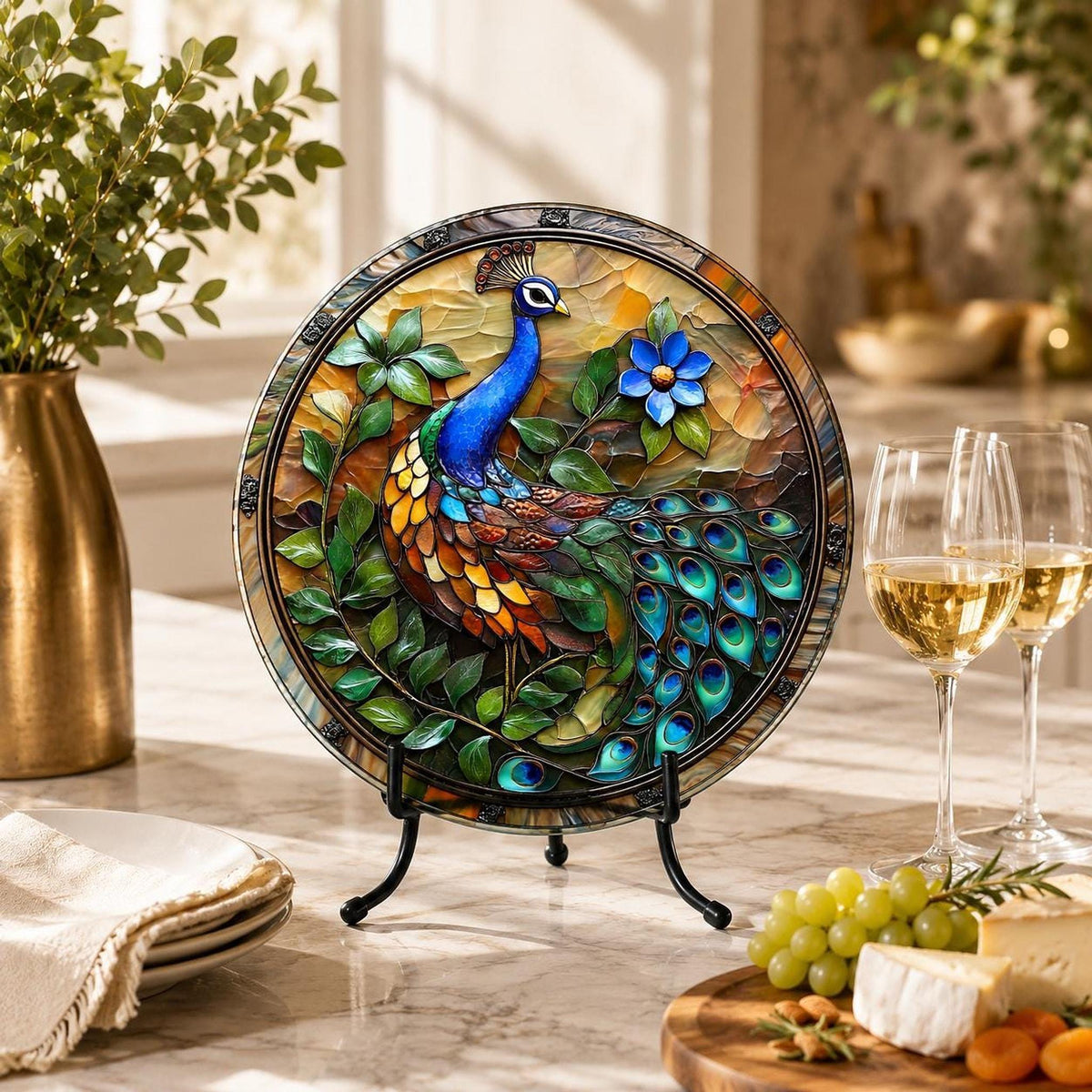 Glass Cutting Board, Peacock Design, 8-Inch Or 12-Inch Round Surface