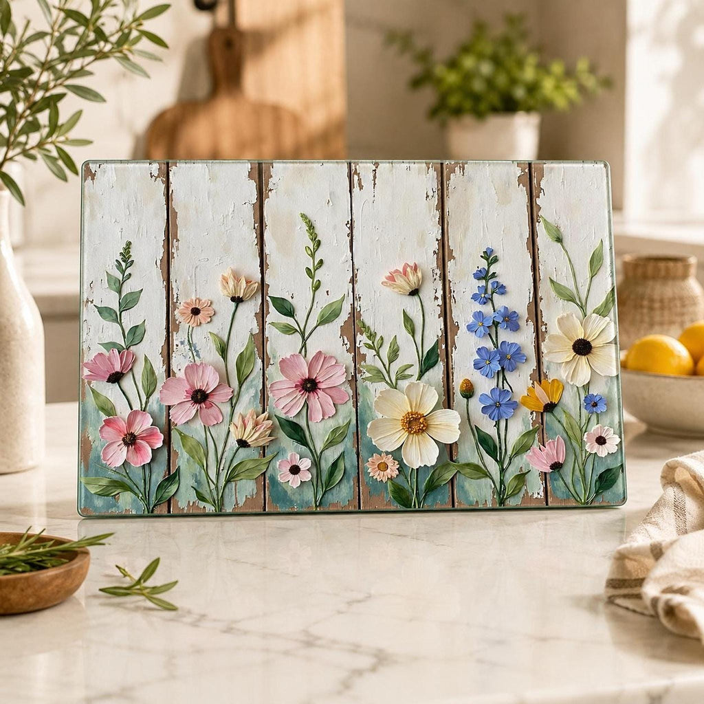 Glass Cutting Board, Tempered Charcuterie Tray with Rustic Wildflowers