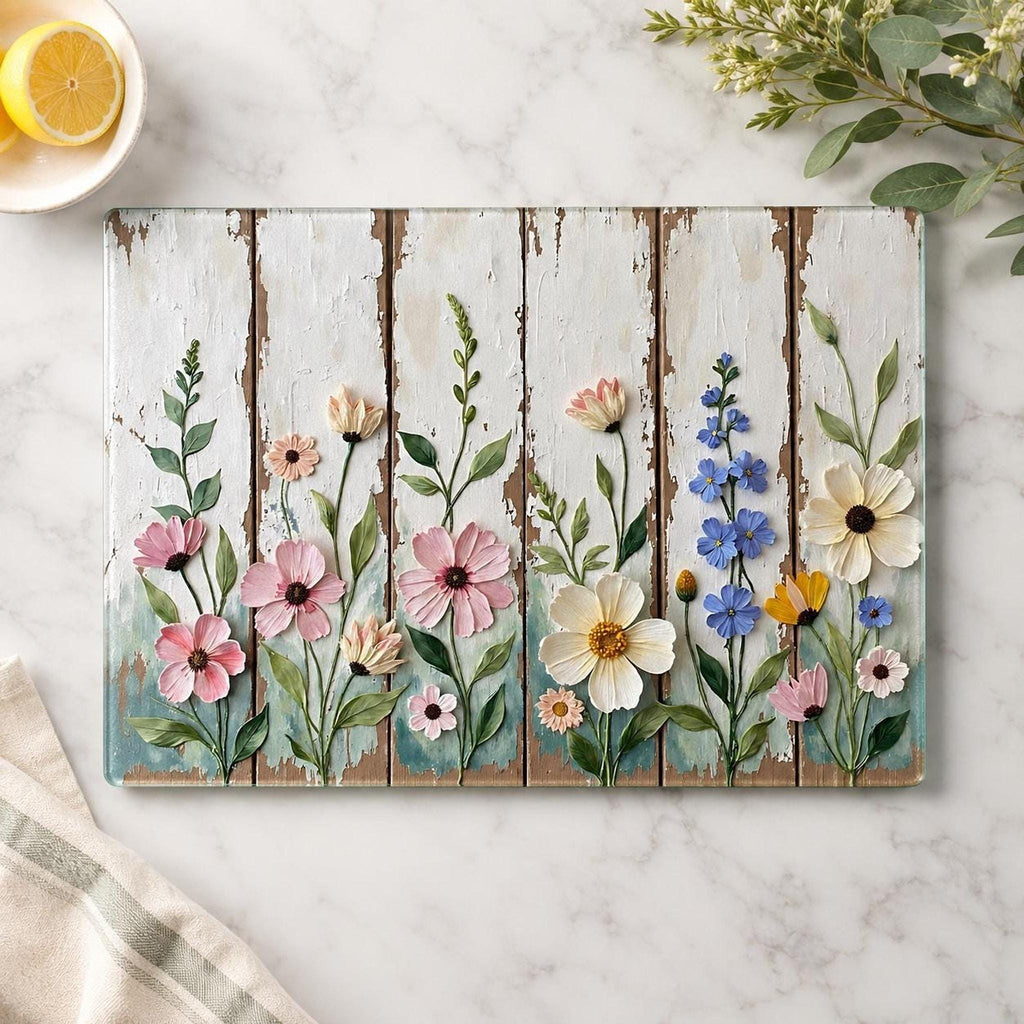 Glass Cutting Board, Tempered Charcuterie Tray with Rustic Wildflowers
