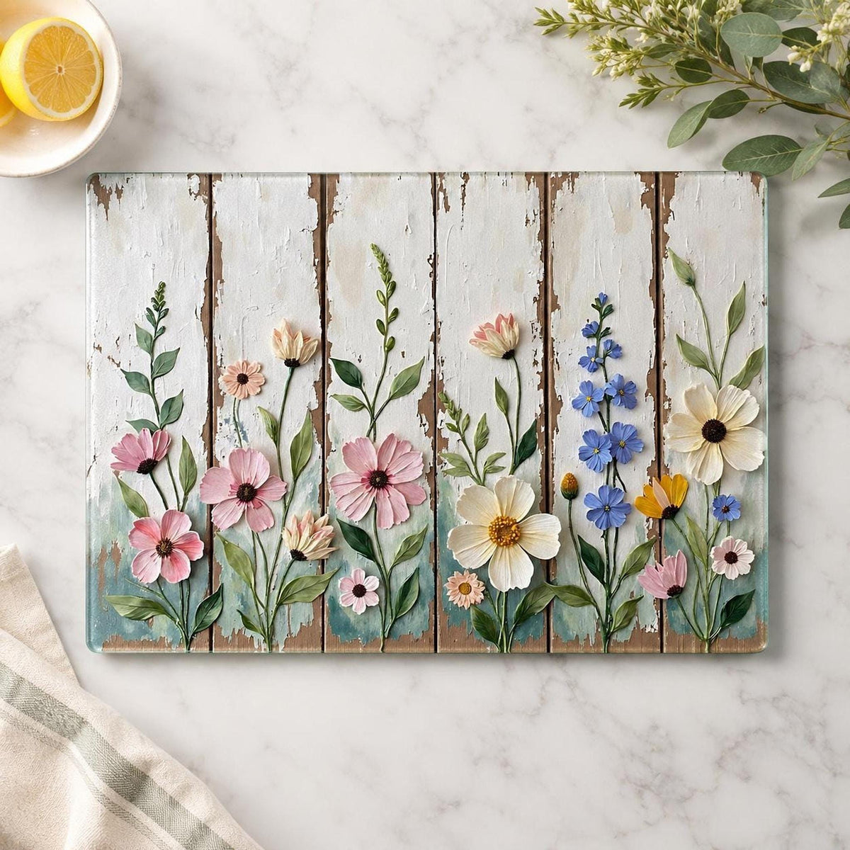 Glass Cutting Board, Tempered Charcuterie Tray with Rustic Wildflowers
