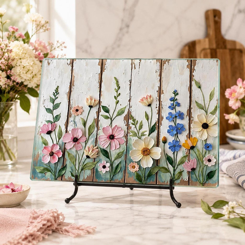 Glass Cutting Board, Tempered Charcuterie Tray with Rustic Wildflowers