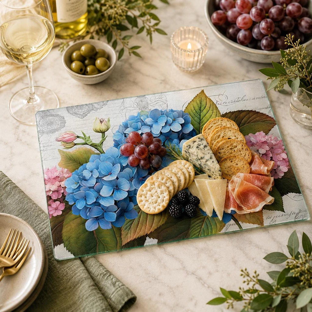 Glass Cutting Board, Blue Hydrangea Charcuterie Tray with Floral Artwork