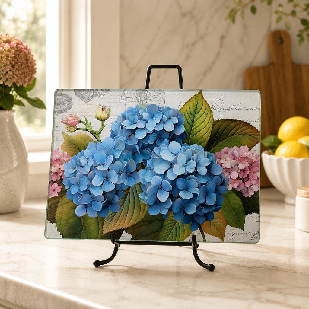 Glass Cutting Board, Blue Hydrangea Charcuterie Tray with Floral Artwork