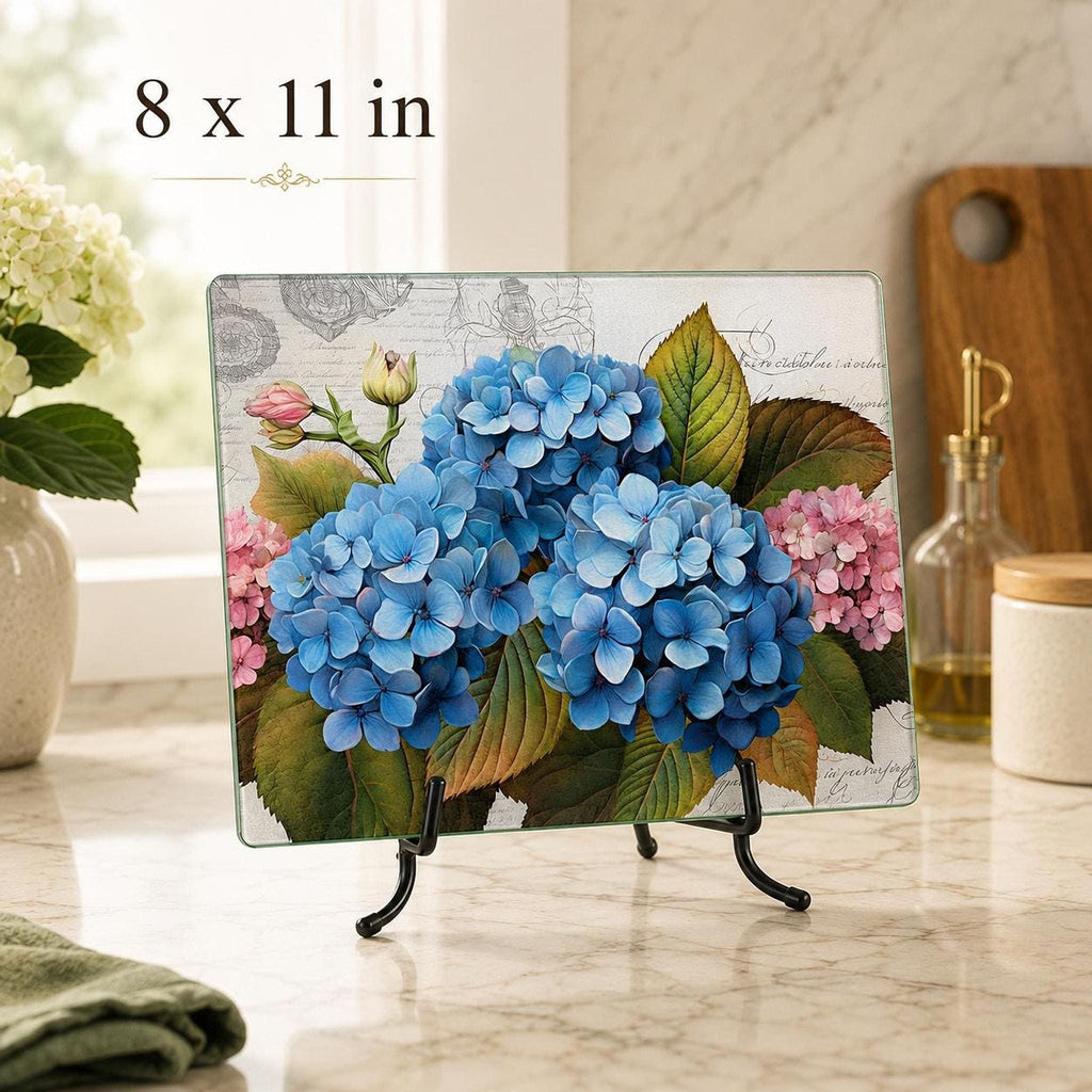 Glass Cutting Board, Blue Hydrangea Charcuterie Tray with Floral Artwork