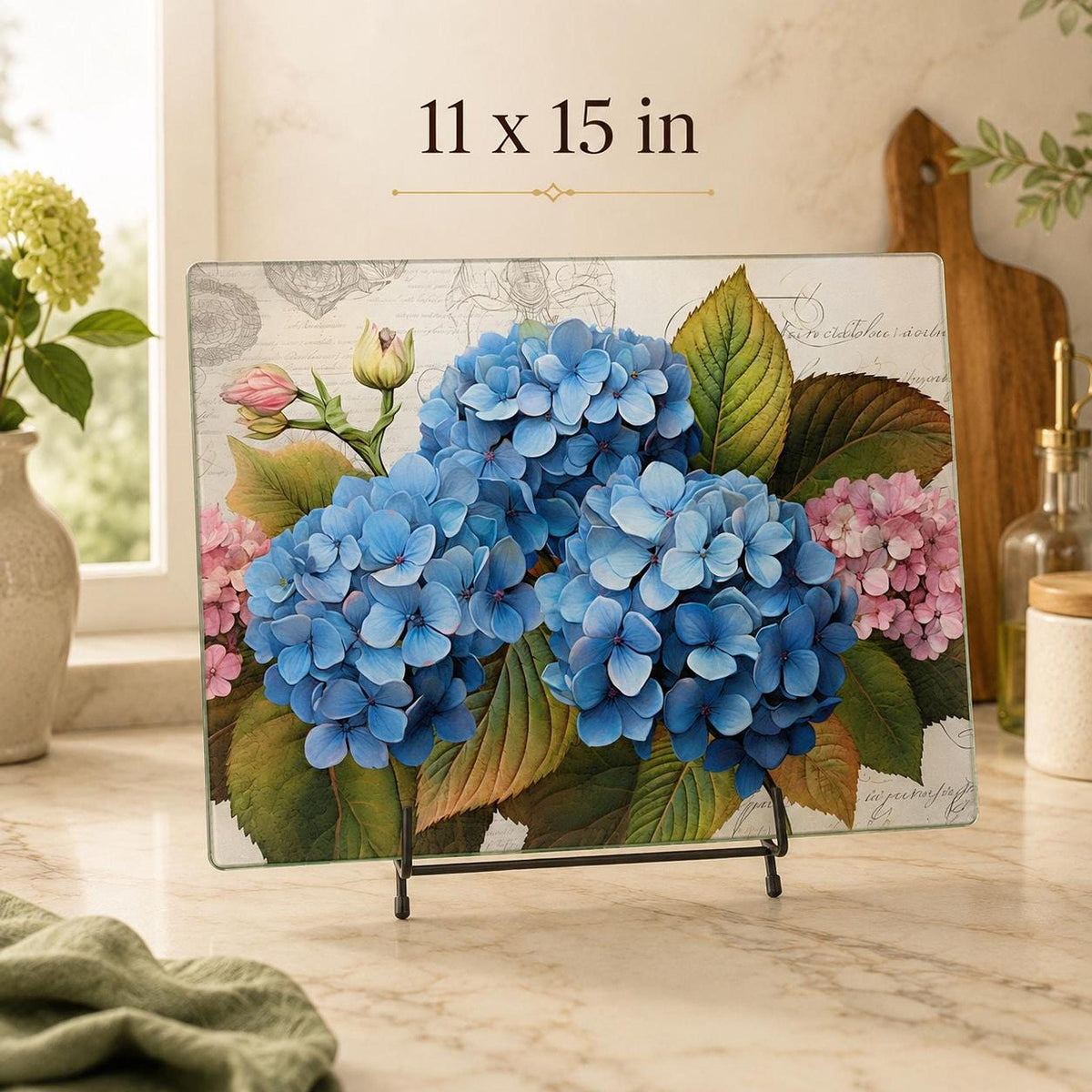 Glass Cutting Board, Blue Hydrangea Charcuterie Tray with Floral Artwork