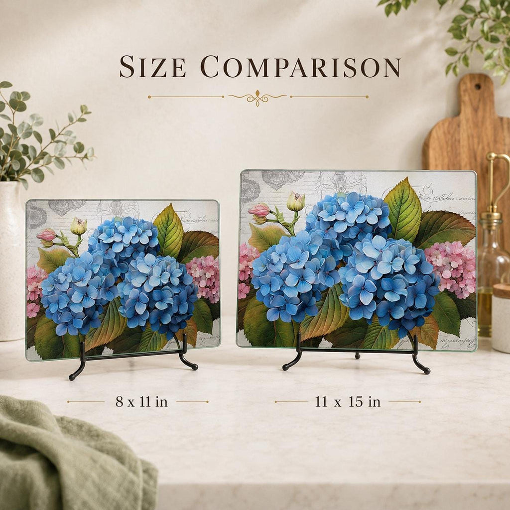 Glass Cutting Board, Blue Hydrangea Charcuterie Tray with Floral Artwork
