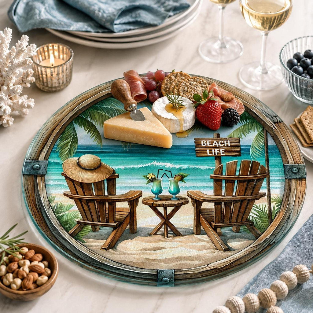 Beach Cutting Board, Round Tempered Glass Charcuterie Tray