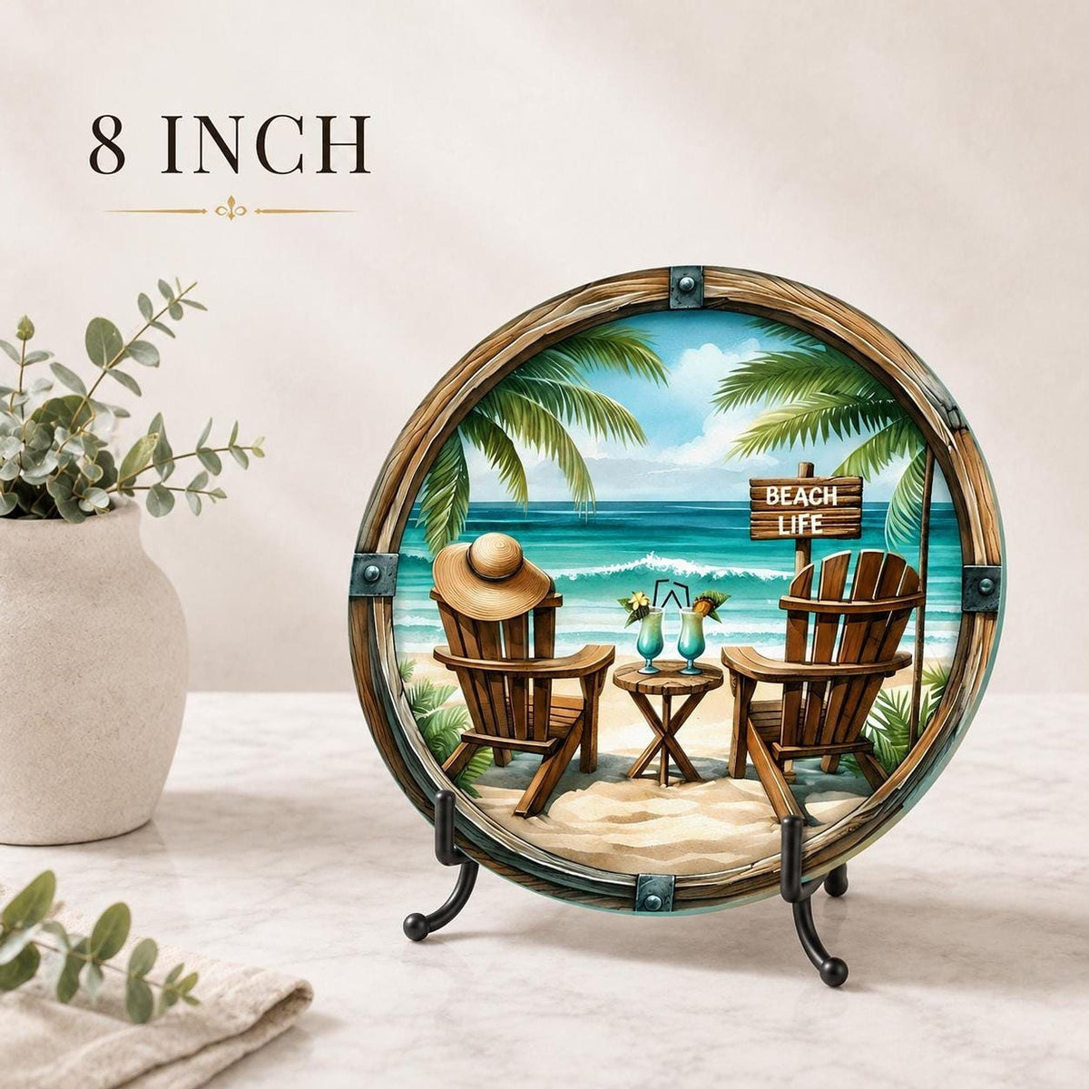 Beach Cutting Board, Round Tempered Glass Charcuterie Tray
