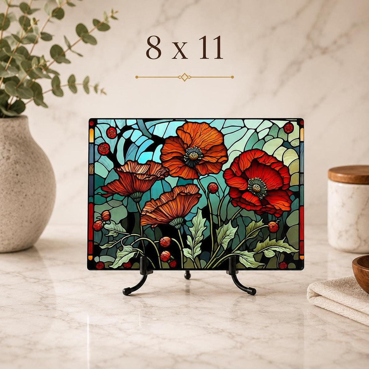 Glass Cutting Board, Poppy Floral Artwork with Two Sizes