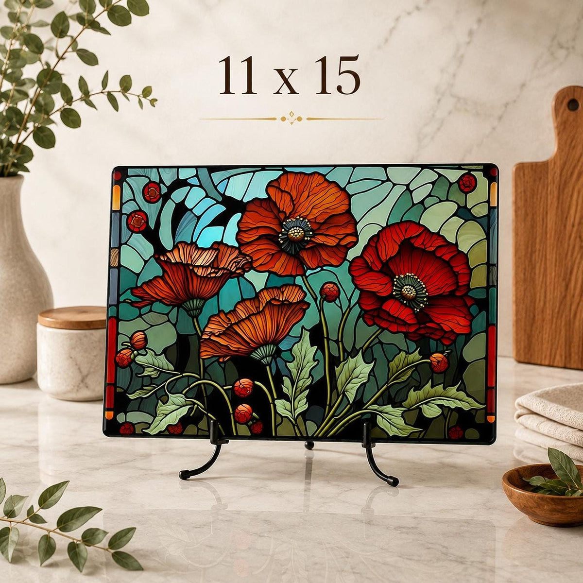 Glass Cutting Board, Poppy Floral Artwork with Two Sizes