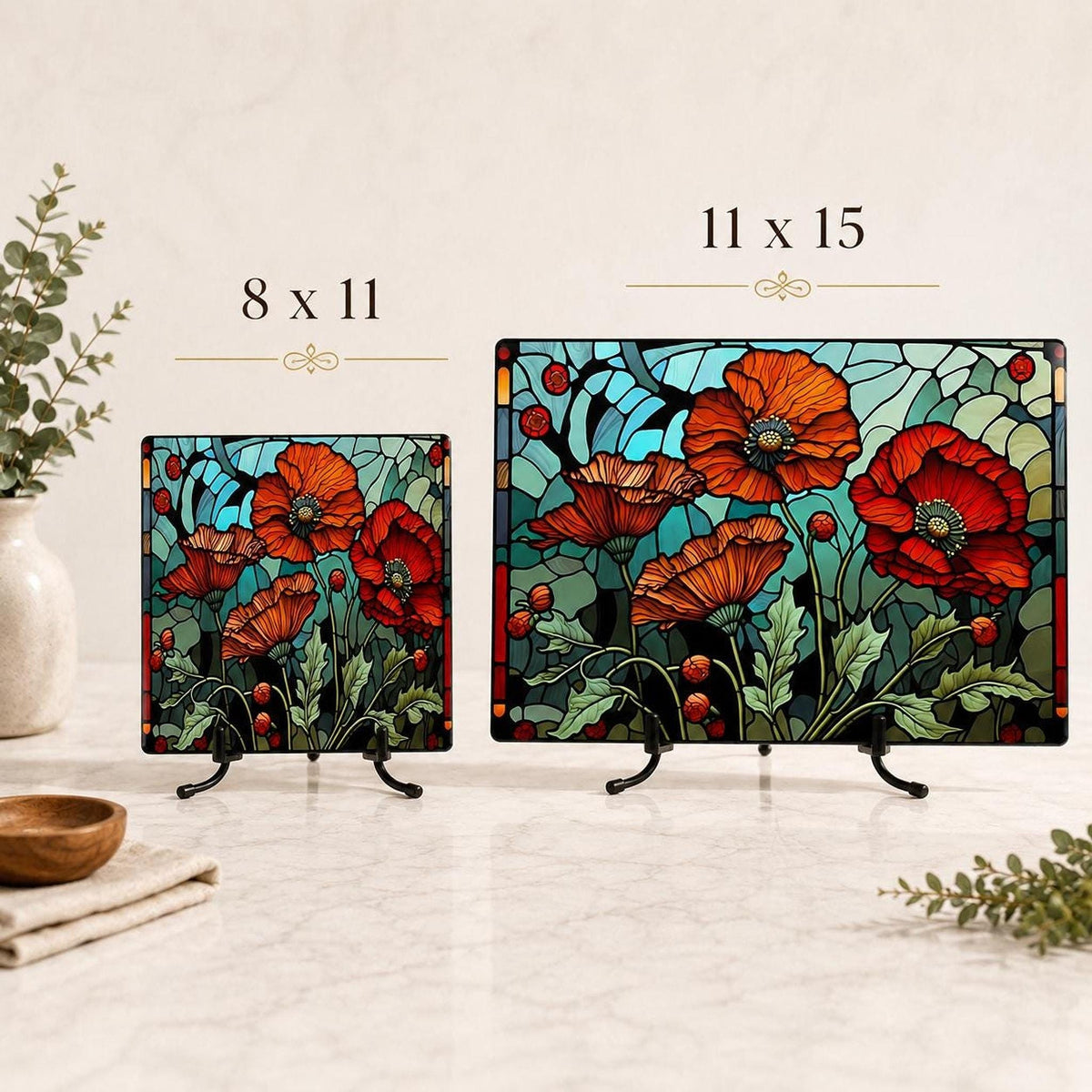 Glass Cutting Board, Poppy Floral Artwork with Two Sizes