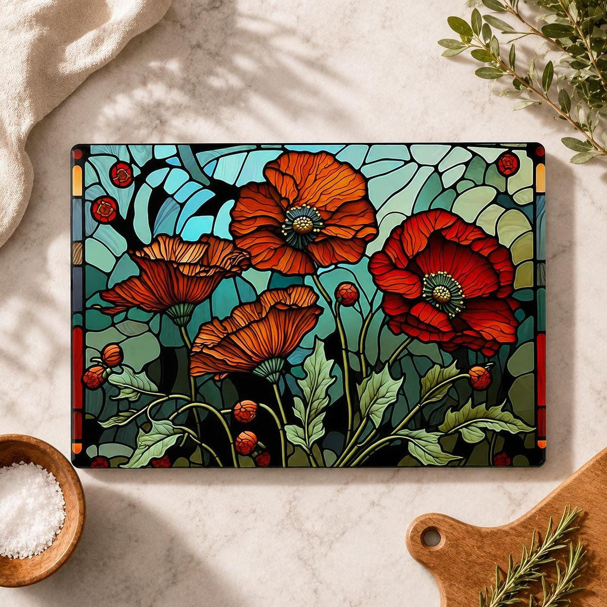 Glass Cutting Board, Poppy Floral Artwork with Two Sizes