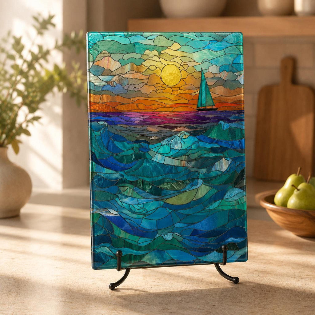 Glass Cutting Board, Tempered Surface with Ocean Sunset Sailboat Decor