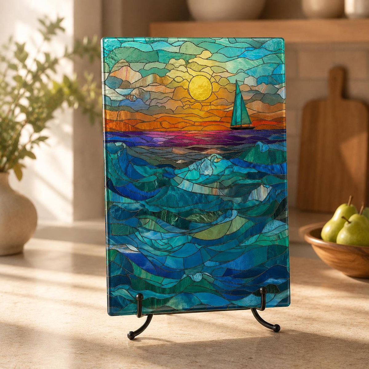 Glass Cutting Board, Tempered Surface with Ocean Sunset Sailboat Decor