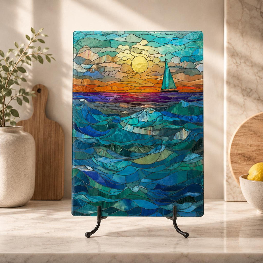 Glass Cutting Board, Tempered Surface with Ocean Sunset Sailboat Decor